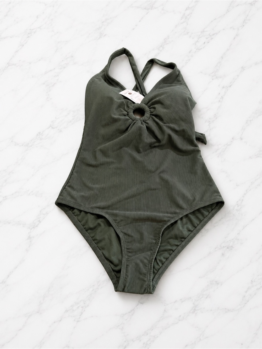 Shade & Shore Green Ribbed One Piece Swimsuit Medium Ring Detail NWT